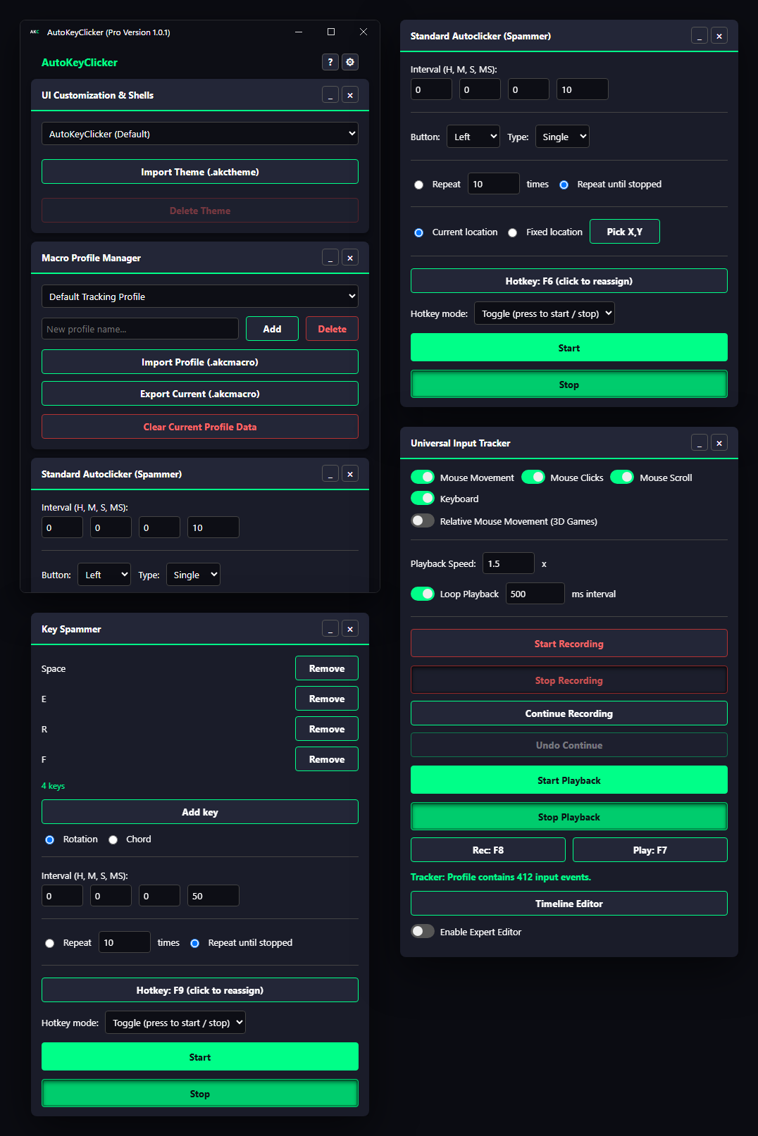 The AutoKeyClicker Pro window: themes, macro profiles, the Key Spammer and the Universal Input Tracker