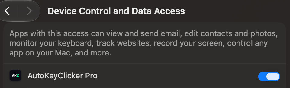 System Settings, Device Control and Data Access, with AutoKeyClicker Pro switched on