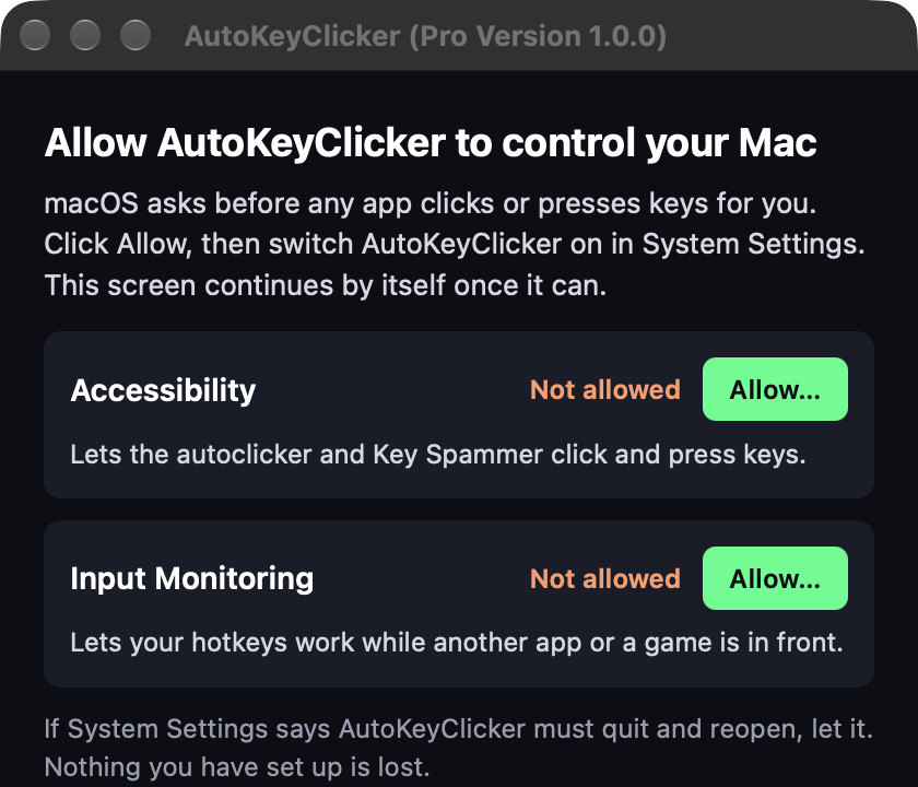 AutoKeyClicker's first-run screen with Allow buttons for Accessibility and Input Monitoring
