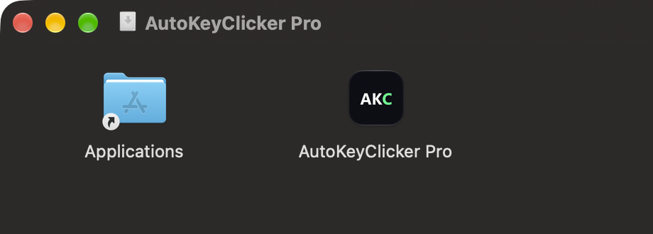 The AutoKeyClicker Pro disk image window, with the app and an Applications shortcut