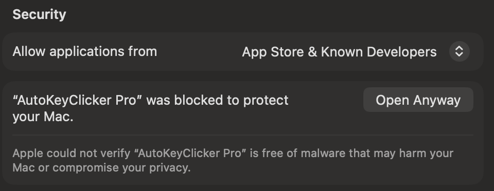 System Settings, Privacy and Security, Security section: AutoKeyClicker Pro was blocked, with an Open Anyway button
