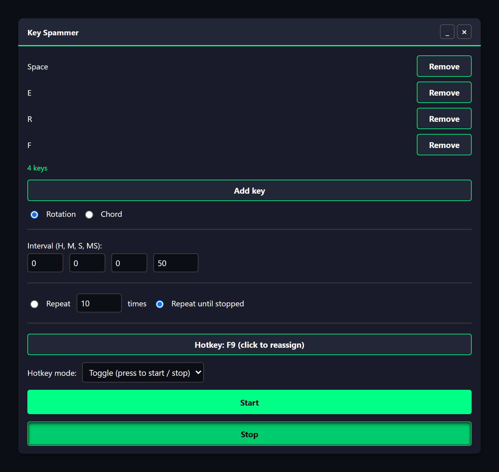 The Key Spammer panel: a rotation of keys with a 50 ms interval