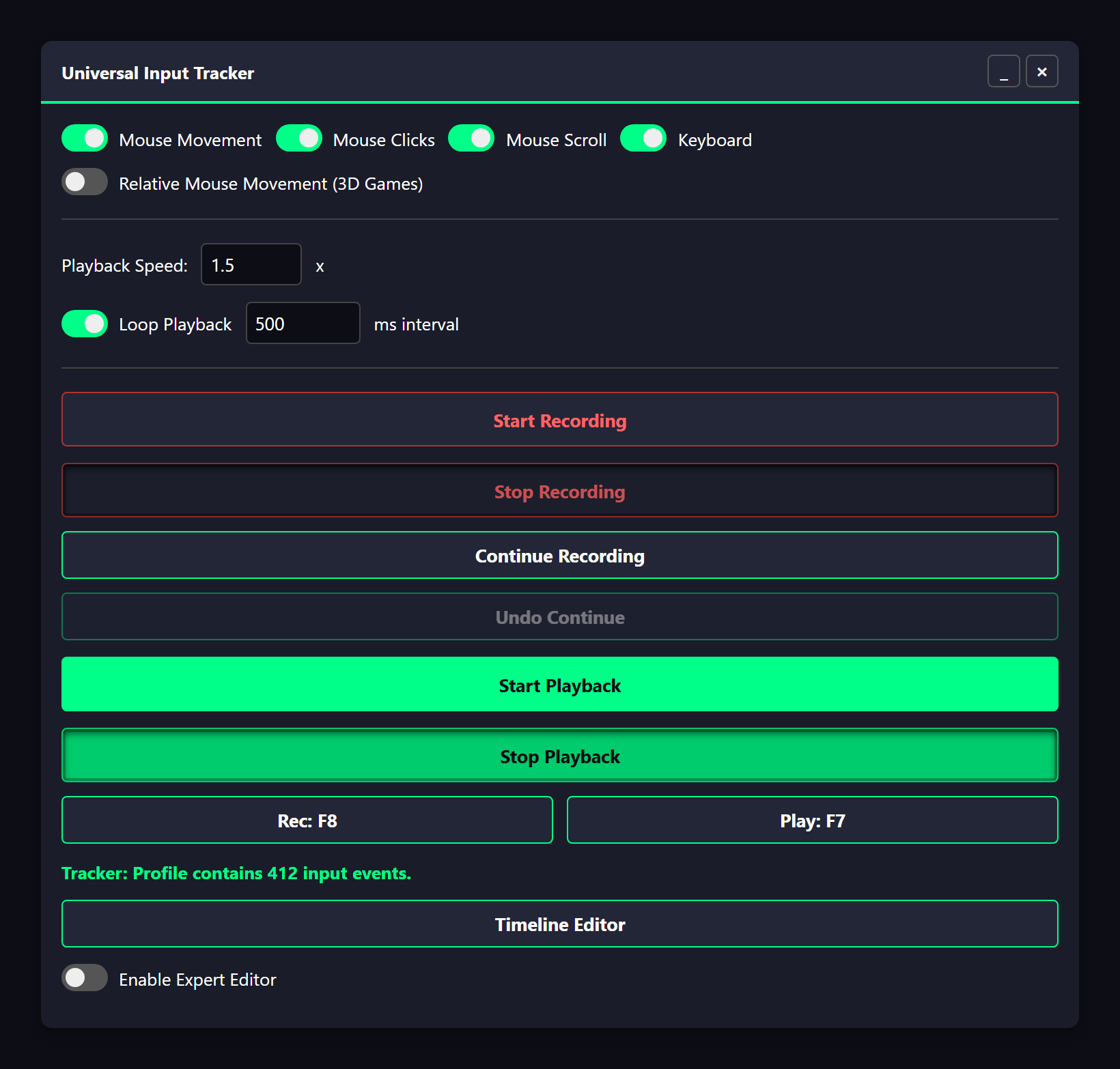The Universal Input Tracker panel: recording toggles, 1.5x playback speed and looping